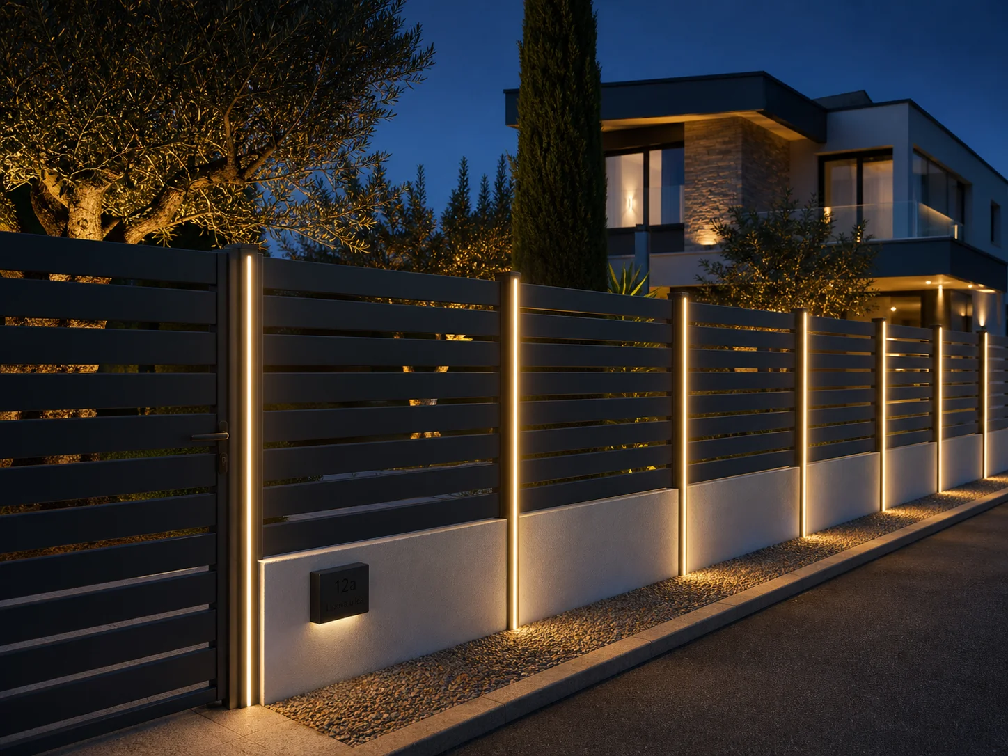 Vertikalni LED trak ob stebru pri aluminijasti ograji HORIZON