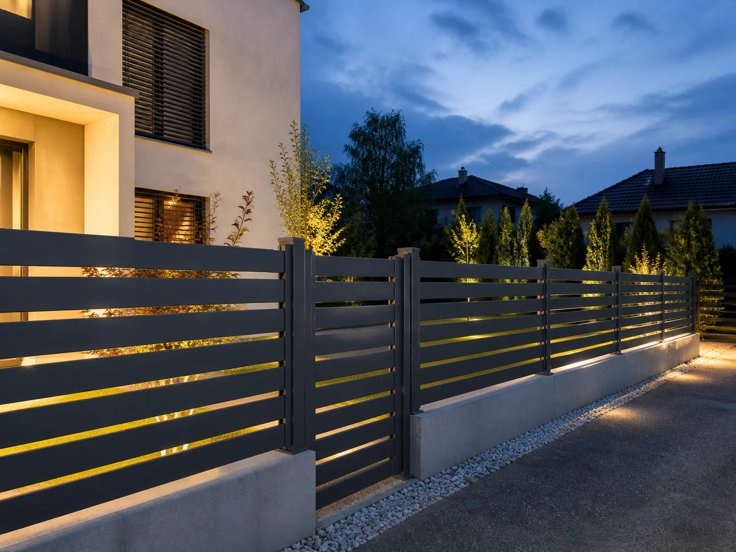 Moderna aluminijasta ograja PRIZMA HORIZON 100 na dvorišču